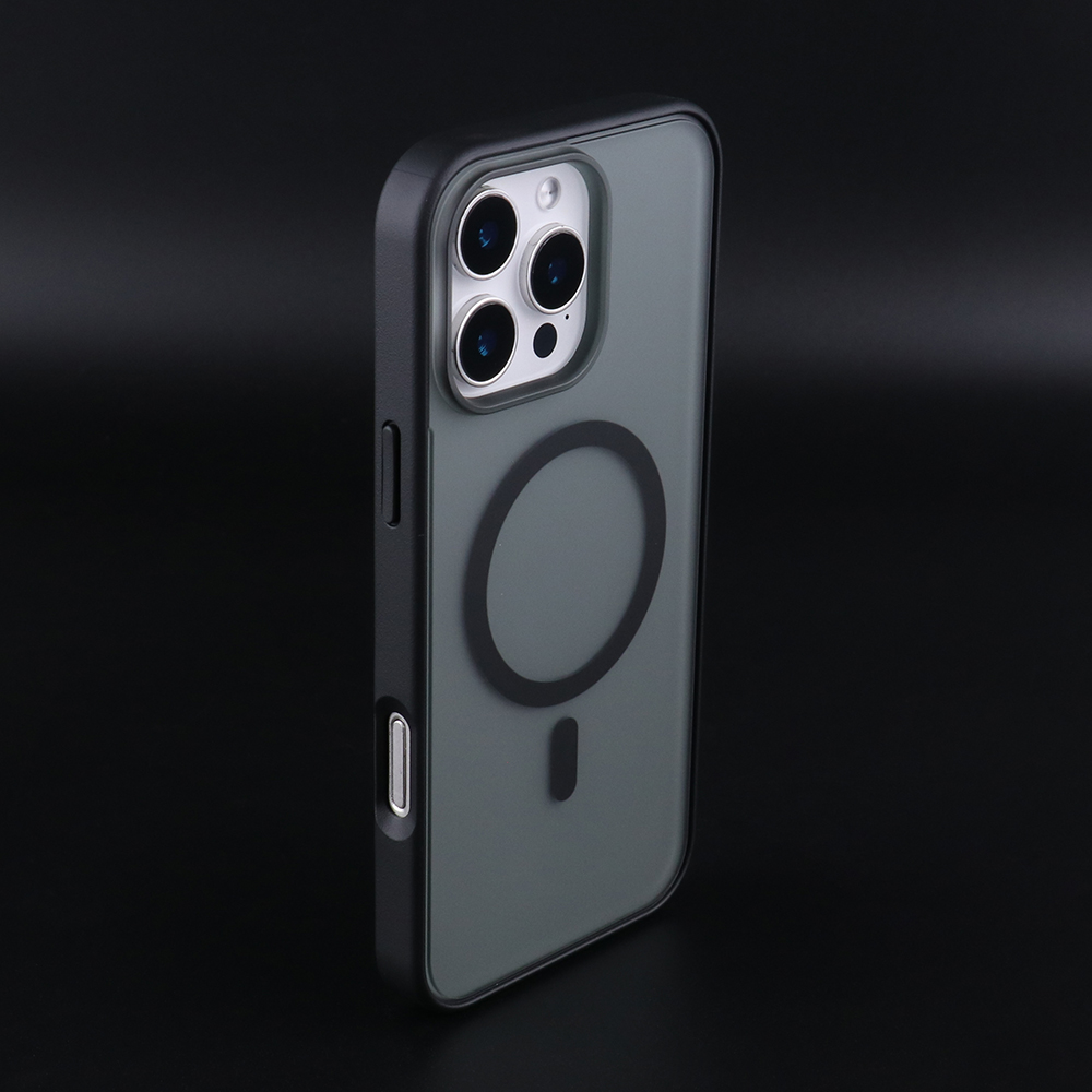 Black UGOjP matte magnetic phone case with a built-in magnetic ring for iPhone 16 Pro Max.