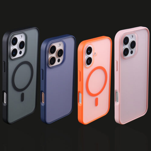 matte magnetic phone cases in black, dark blue, orange and pink for iPhone 16 Series.