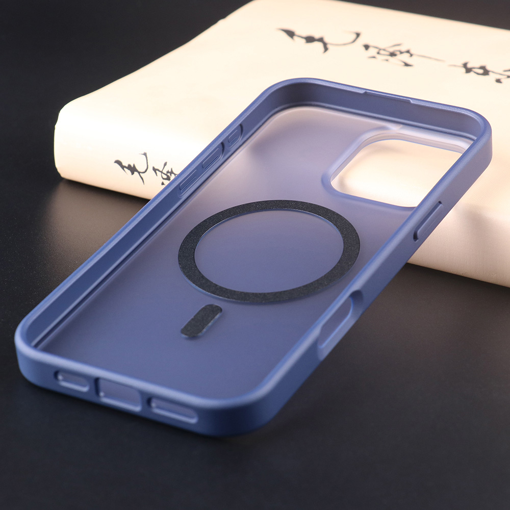 Dark blue UGOjP matte magnetic case with a built-in magnetic ring for iPhone 16 Series.