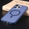 Dark blue UGOjP matte magnetic phone case installed on an iPhone 16 Series phone.