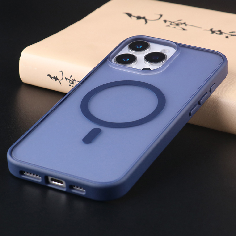 Dark blue UGOjP matte magnetic phone case installed on an iPhone 16 Series phone.