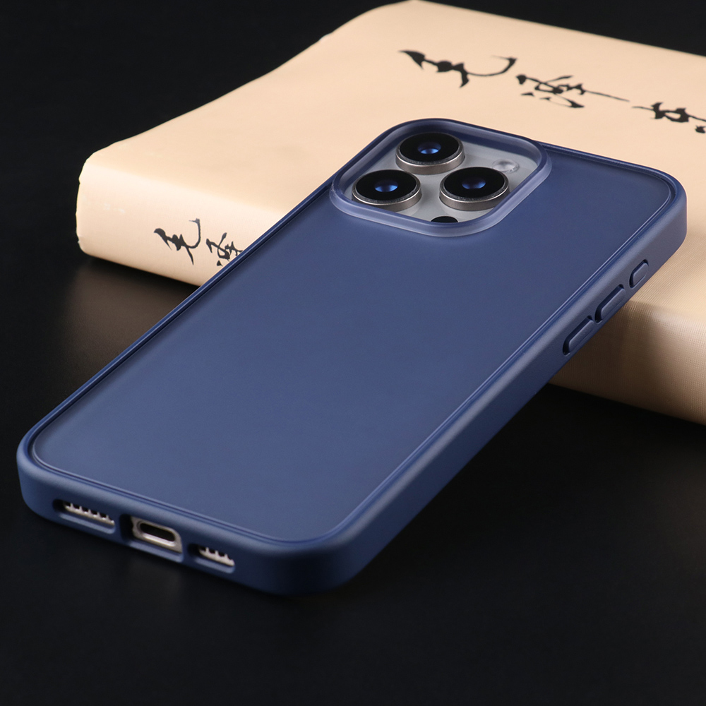 Blue UGOjP matte phone case for iPhone 15, 15 Pro and 15 Pro Max.