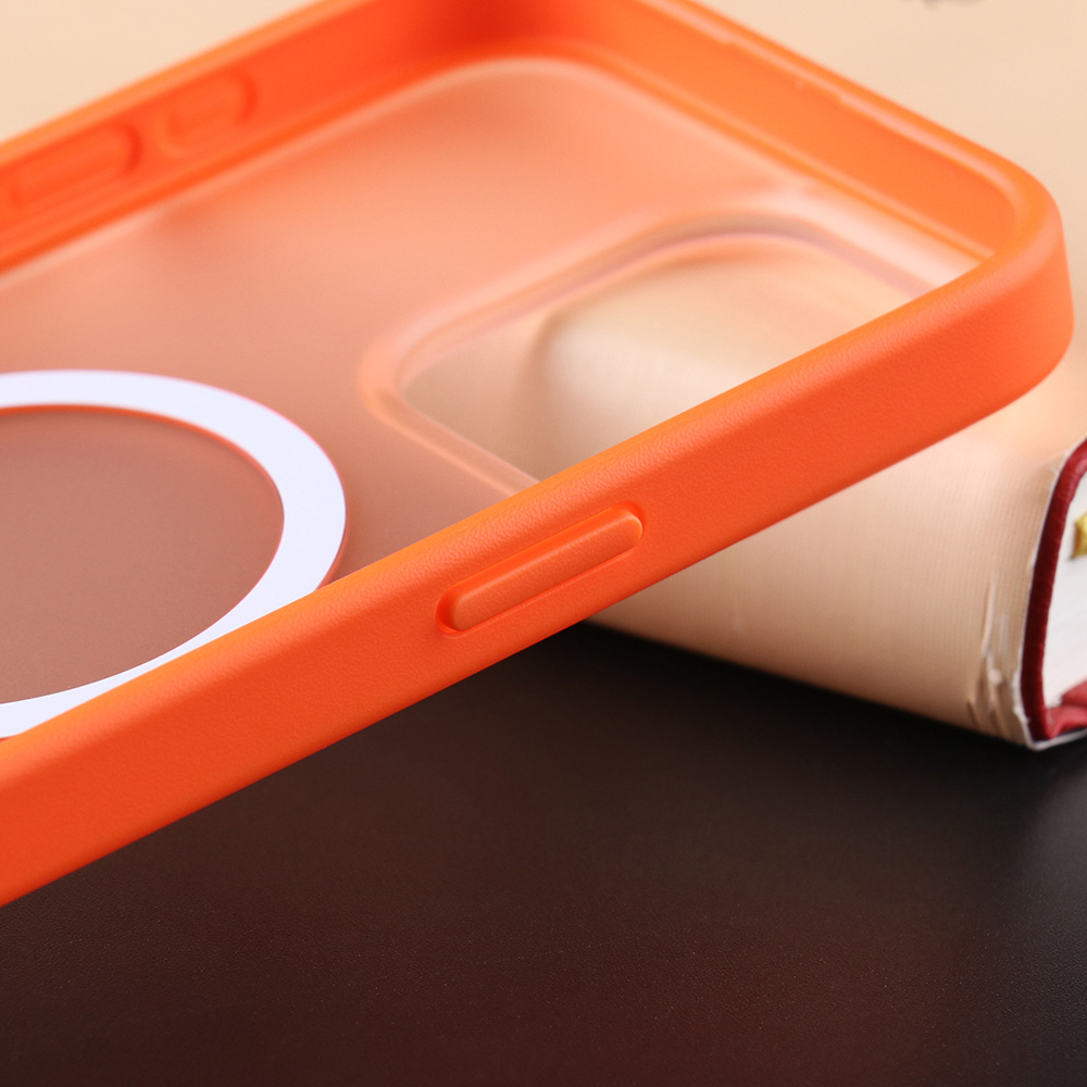 Camera corner detail of the orange UGOjP matte phone case for iPhone 15 series.