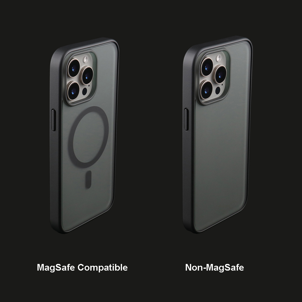 Comparison of magnetic and non-magnetic UGOjP matte phone cases for iPhone 15 series.