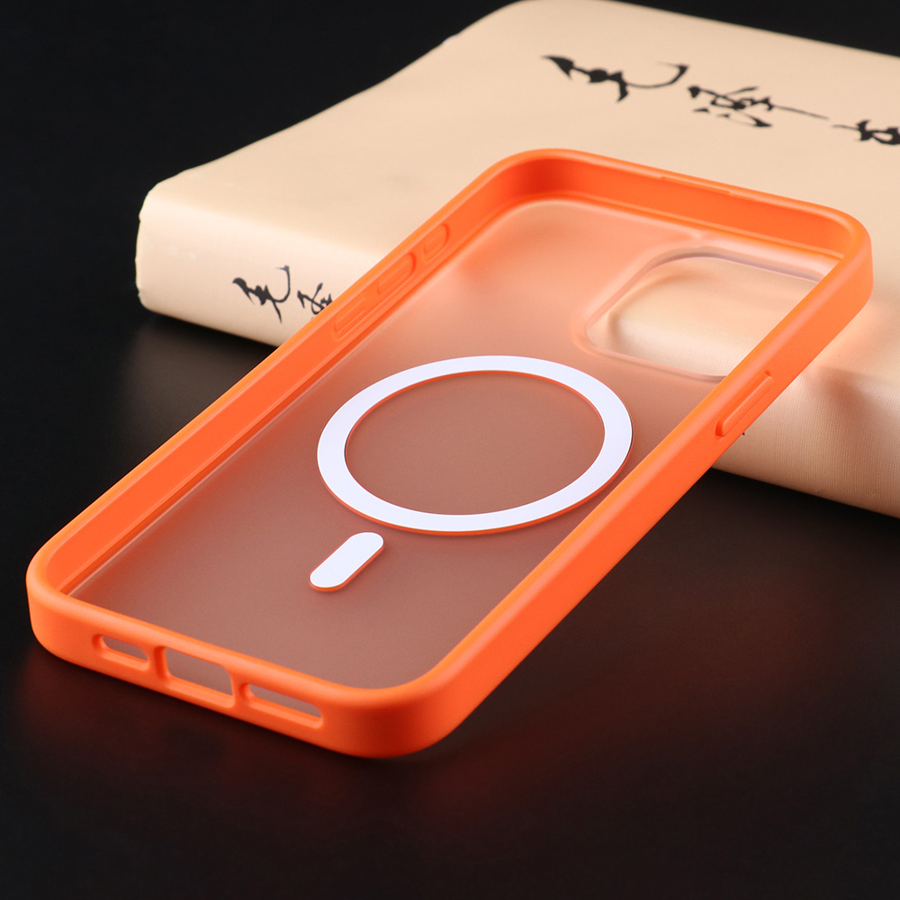 Orange UGOjP matte phone case for iPhone 15, 15 Pro and 15 Pro Max.