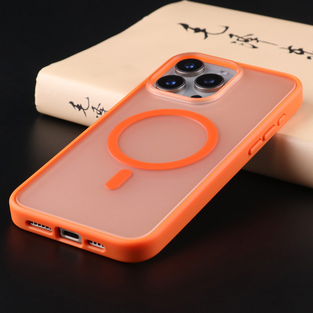 Orange matte phone case installed on an iPhone 15 series phone.
