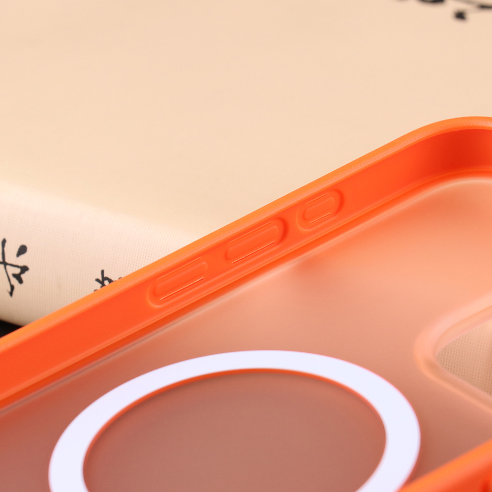 Side button detail of the orange matte phone case for iPhone 15 series.