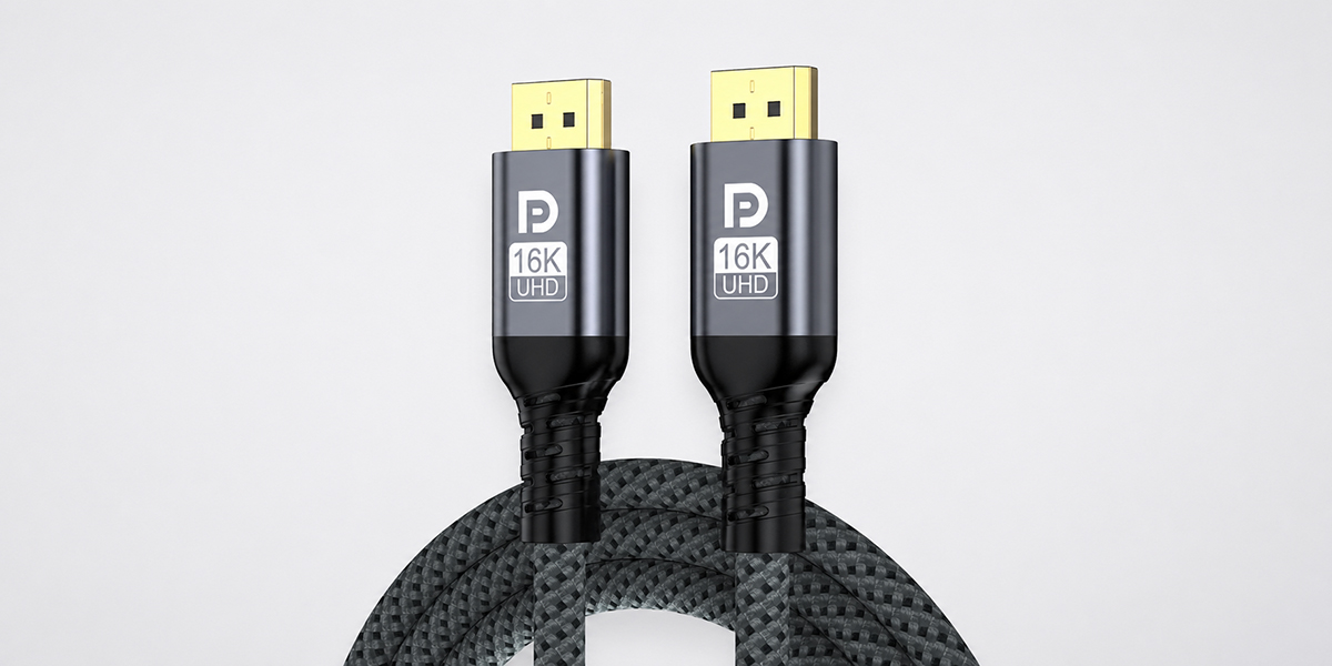 Premium 16K DisplayPort to DisplayPort cable with braided cord and round connector shells on a light gray background