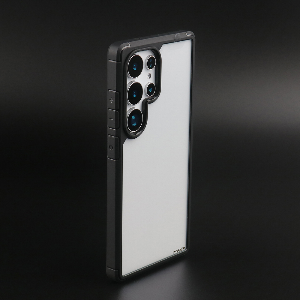 Clear hybrid case for Samsung Galaxy series showing transparent PC back and black TPU bumper