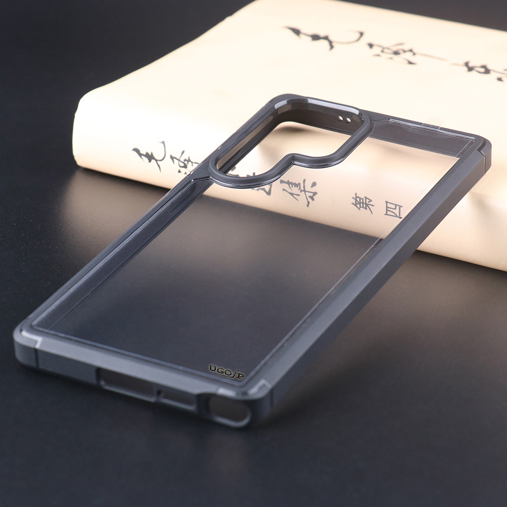 Inside view of Samsung Galaxy clear hybrid case showing black TPU bumper and transparent PC back