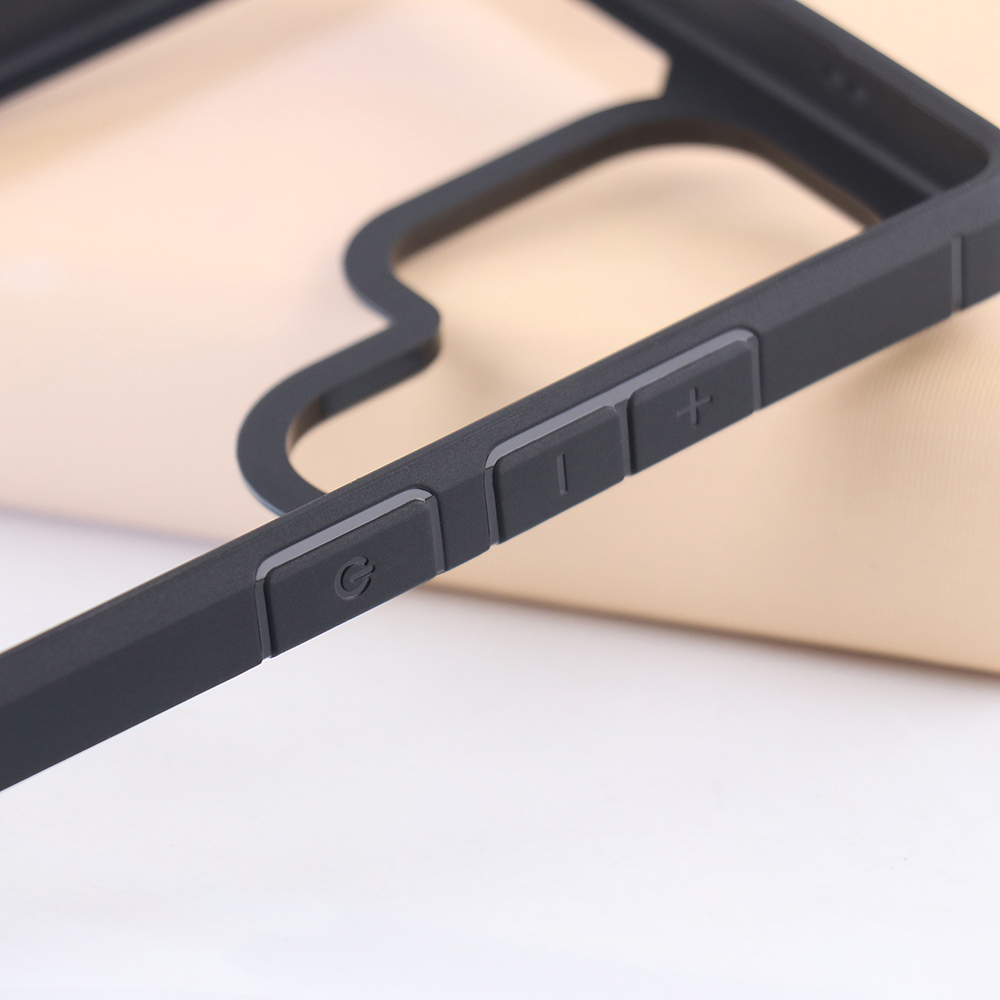 Close-up of Samsung Galaxy clear hybrid case side button area and black TPU edge