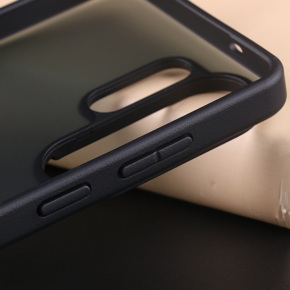 Close-up of Samsung Galaxy S26 matte case side button area and protective edge