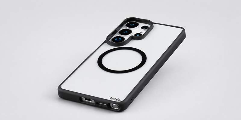 Black TPU bumper and transparent PC back magnetic case for Samsung Galaxy S26 Series on a light gray background