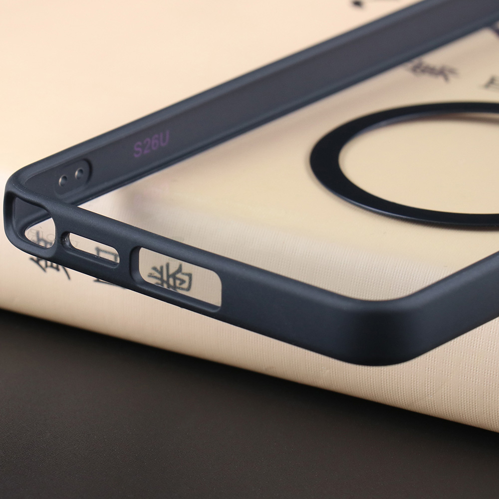Close-up of Samsung Galaxy S26 Ultra color bumper clear case bottom speaker and charging port cutout