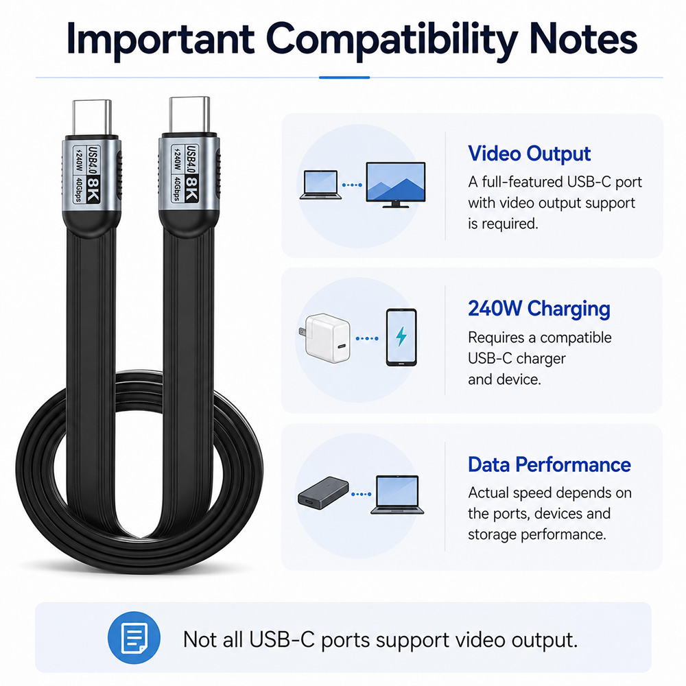 USB-C cable compatibility notes for video output, 240W charging and high-speed data transfer