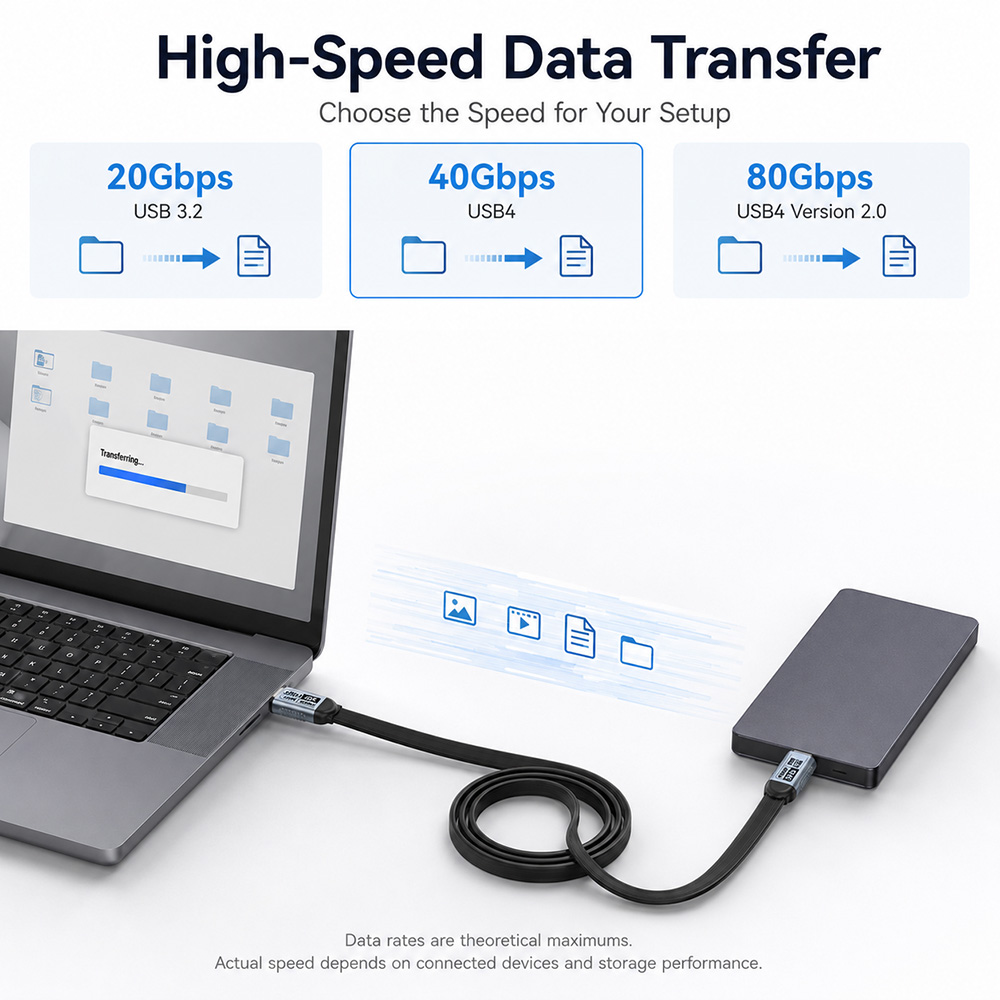 USB-C flat cable connecting a laptop and external SSD with 20Gbps, 40Gbps and 80Gbps options