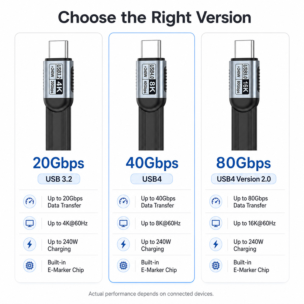 Comparison of 20Gbps USB 3.2, 40Gbps USB4 and 80Gbps USB4 Version 2.0 USB-C cables