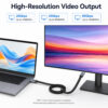 USB-C flat cable connecting a laptop to a monitor with up to 4K, 8K or 16K video output