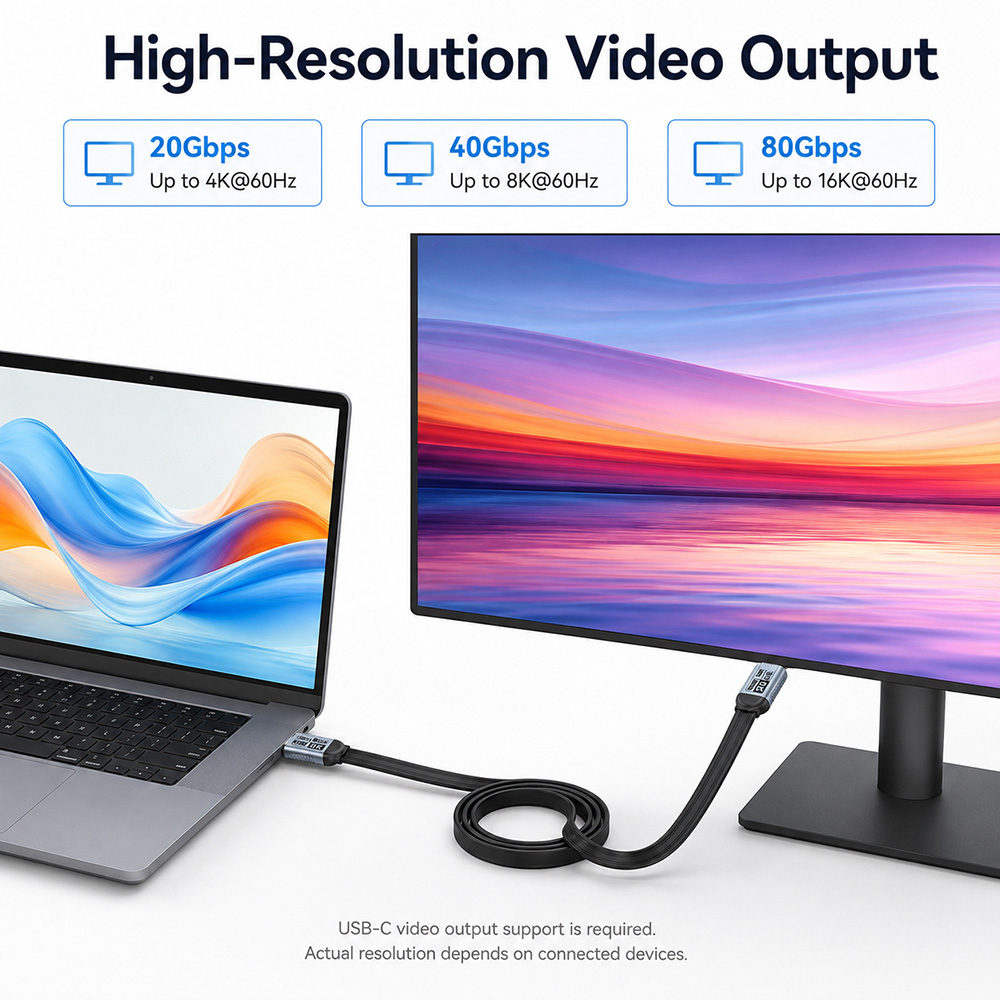 USB-C flat cable connecting a laptop to a monitor with up to 4K, 8K or 16K video output