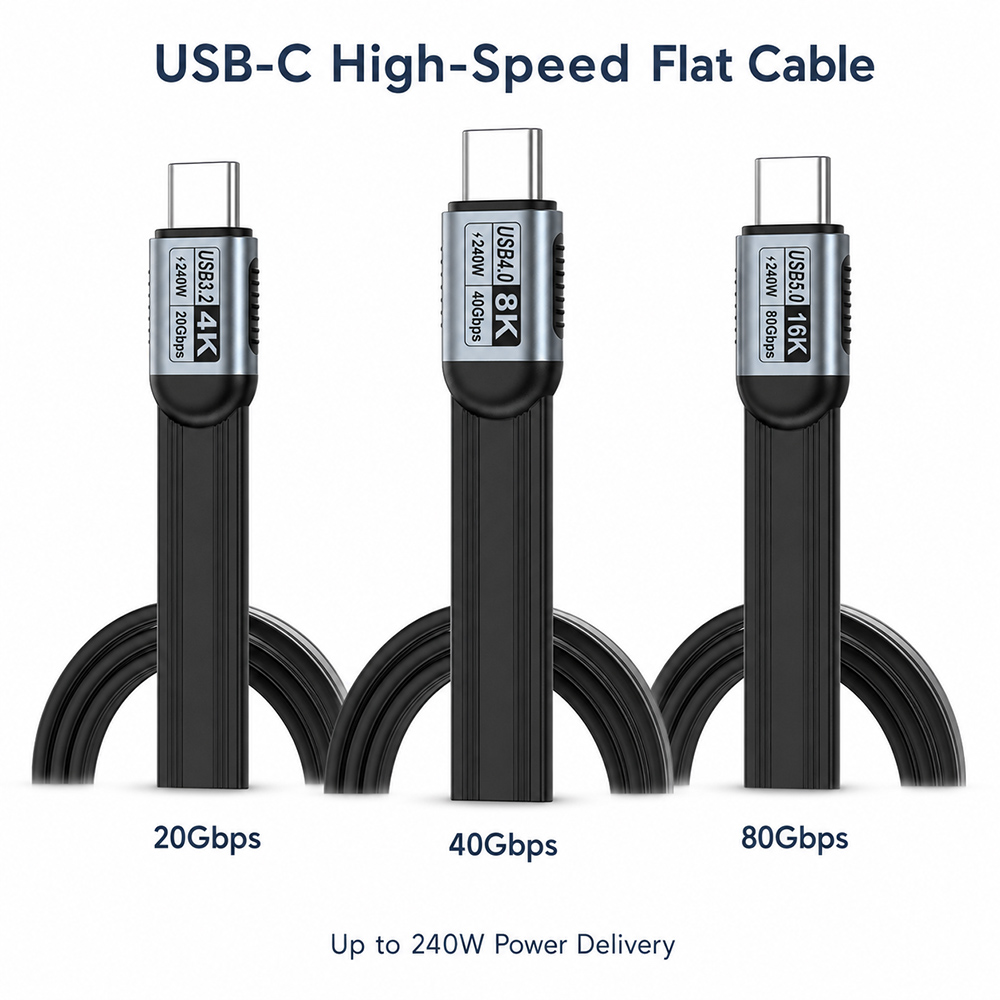 Three USB-C flat cable versions in 20Gbps, 40Gbps and 80Gbps with up to 240W Power Delivery
