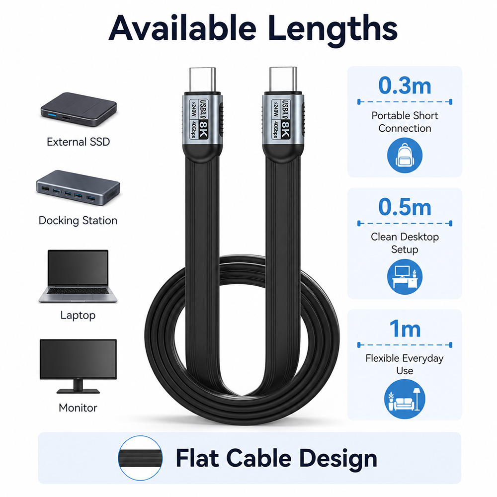 USB-C flat cable available in 0.3m, 0.5m and 1m lengths for SSDs, docks, laptops and monitors
