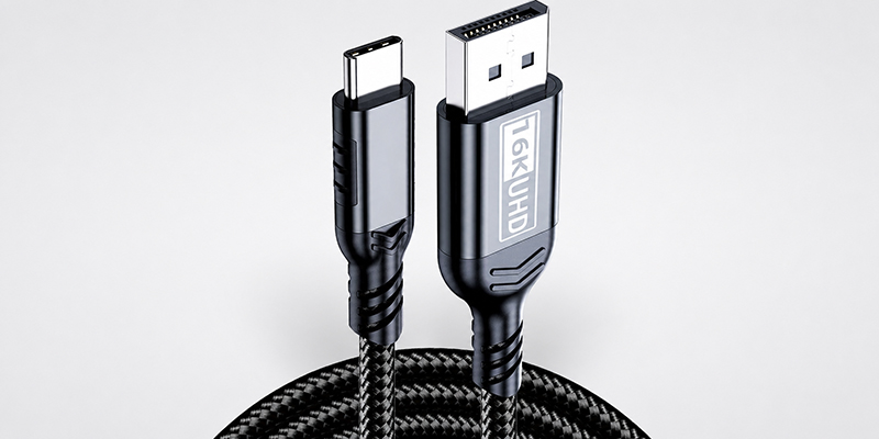 USB-C to DisplayPort 16K cable with braided cord on a light gray background