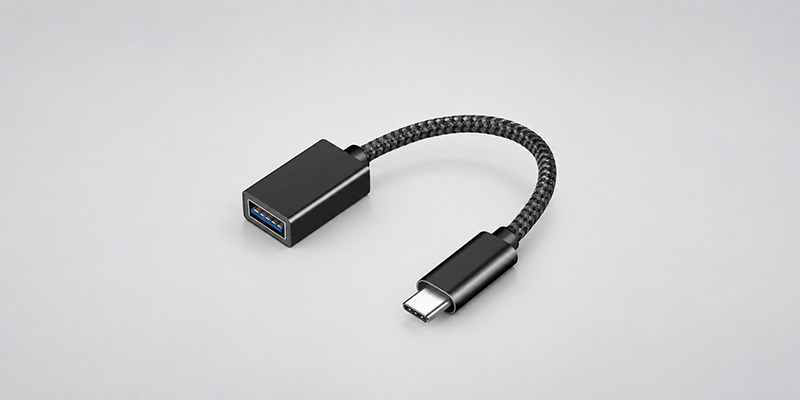Black braided USB-C male to USB-A female OTG adapter cable on a light gray background