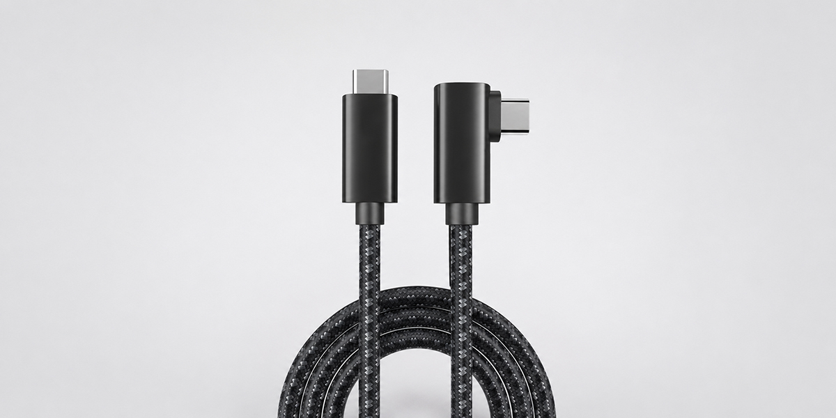 USB4 40Gbps coaxial USB-C cable with straight and right-angle connectors on a light gray background