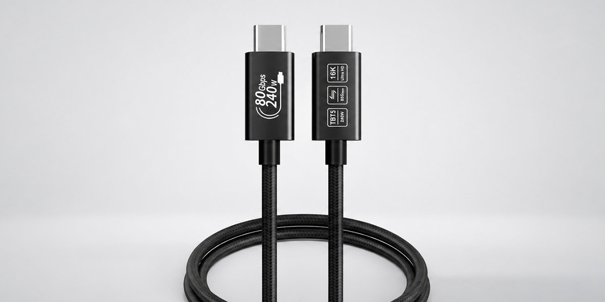 USB4 80Gbps 240W coaxial USB-C cable with braided cord on a light gray background
