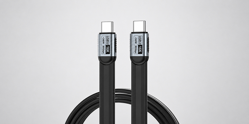 USB4 80Gbps 240W flat USB-C cable with dual straight connectors on a light gray background