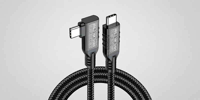 USB4 80Gbps 240W USB-C cable with straight and right-angle connectors on a light gray background